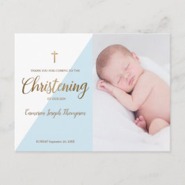Baby Boy Modern Blue Foto Christening Vielen Dank Postkarte