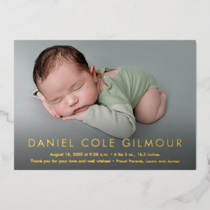 Baby Boy Modern Name Custom Birth Stats Foto Gold Folien Feiertagskarte