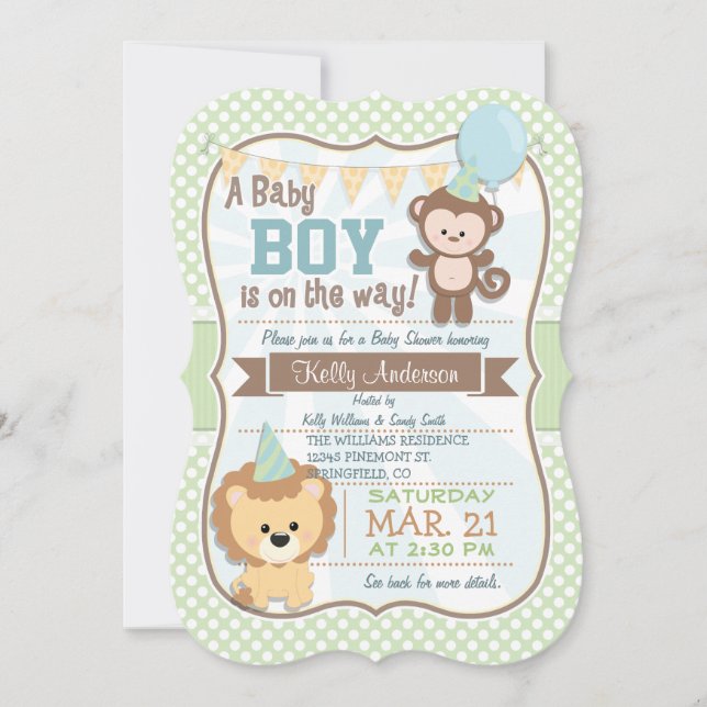 Baby Boy Monkey & Lion, Pastel Baby Dusche einlade Einladung (Vorderseite)