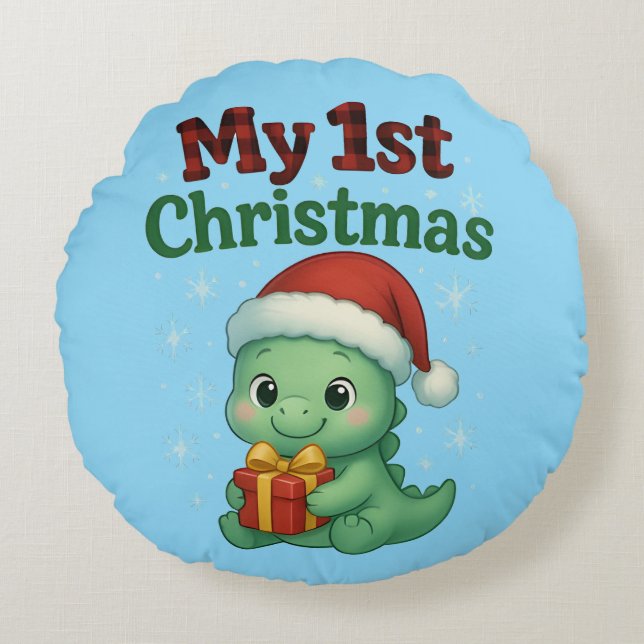 Baby Boy My 1st Christmas Dino Rundes Kissen (Vorderseite)