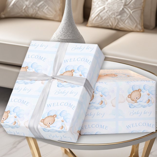 Baby Boy Name Blue Bear Geschenkpapier (Newborn Baby Boy Name Blue Bear Wrapping Paper)
