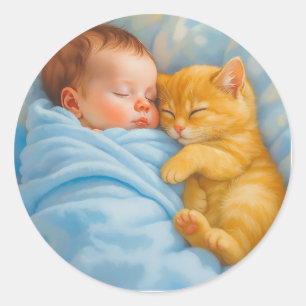 Baby Boy Napping mit Kitten Runder Aufkleber
