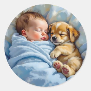 Baby Boy Napping mit Welpe Runder Aufkleber
