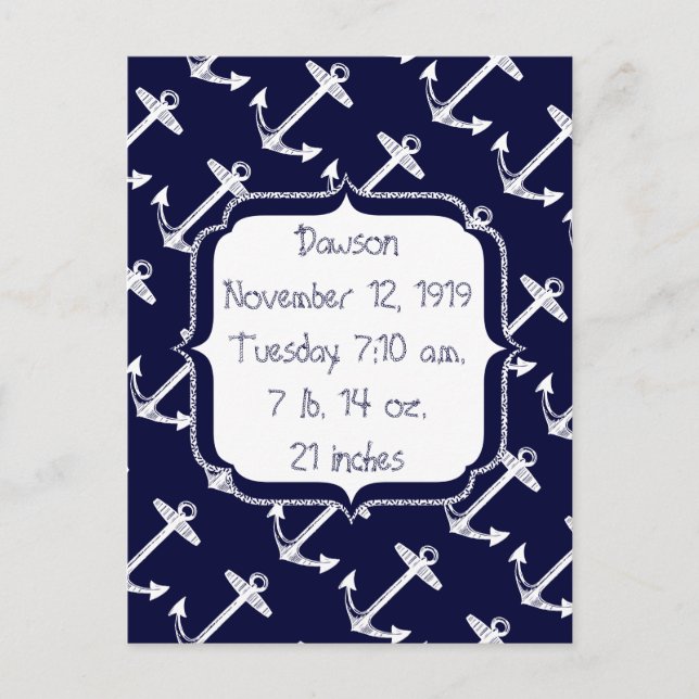 Baby Boy Nautical Navy Blue Anchor Muster Postkarte (Vorderseite)