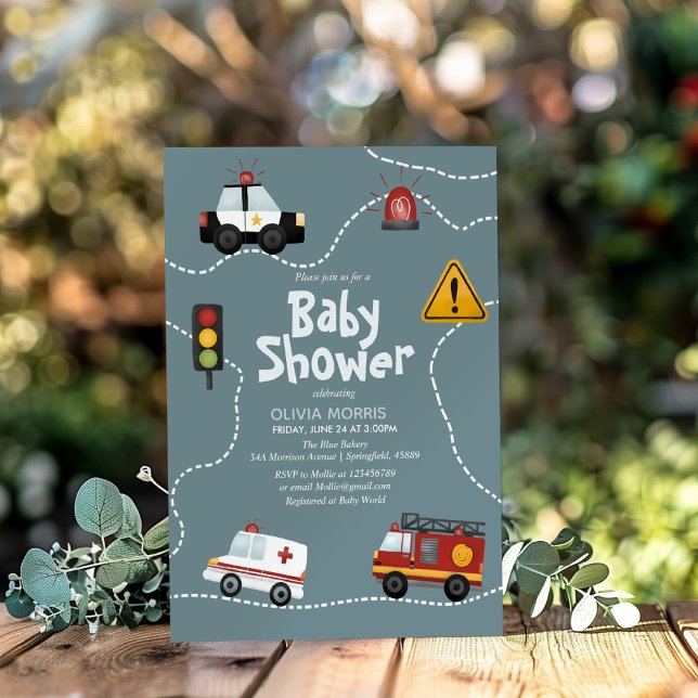 Baby Boy Niedlich Blue Transport Police Baby Dusch Einladung (Von Creator hochgeladen)