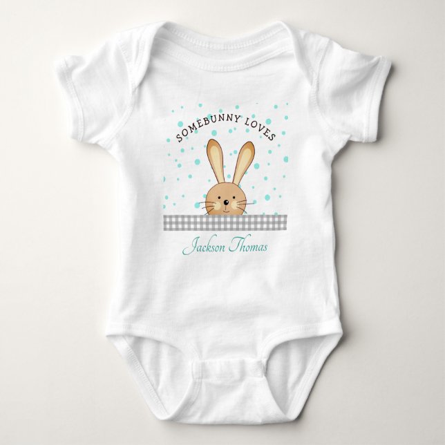 Baby Boy Niedlich Bunny Liebe Aquamarin/Grau Perso Baby Strampler (Vorderseite)