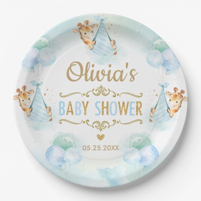 Baby Boy Niedlich Giraffe Balloons Babydusche Pappteller (Vorderseite)