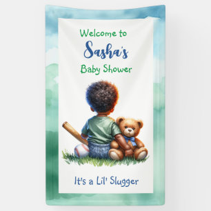 Baby Boy of Color mit seiner Teddy Bear Baby Showe Banner
