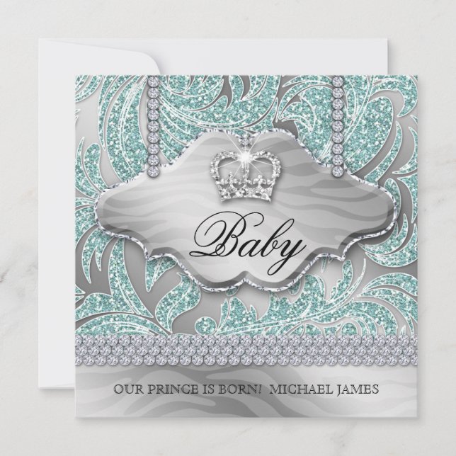 Baby Boy Party Invite Blue Crown Jewelry Blätter Ankündigung (Vorderseite)
