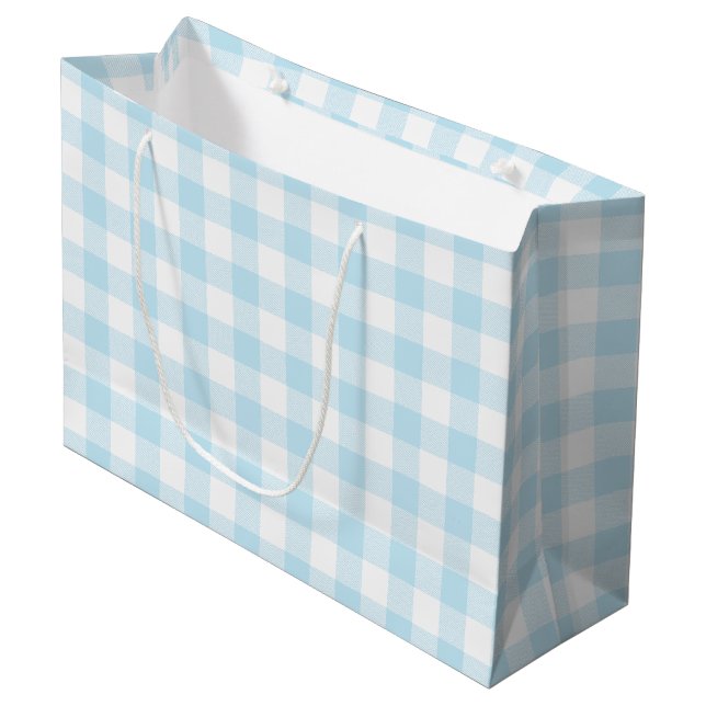Baby Boy Pastel Blue Gingham Kariert Große Geschenktüte (Vorderseite Schrägansicht)
