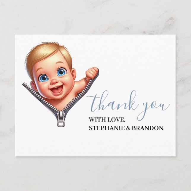Baby Boy Peeking Babydusche Weiß Vielen Dank Postkarte (Vorderseite)