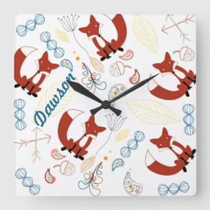 Baby Boy personalisiert modernes Fox Woodland Must Quadratische Wanduhr