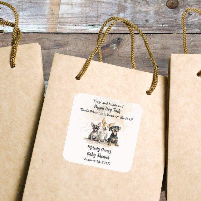 Baby Boy Puppy Dog Schwänze Kinderdusche Quadratischer Aufkleber (Baby Boy Puppy Dog Tails Baby Shower Sticker with Watercolor Puppies, Mom's Name, Shower Date.)