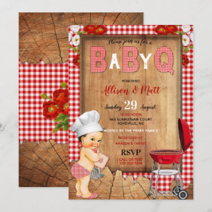 Baby Boy Red Gingham Wood Blume Baby Q Barbecue Einladung