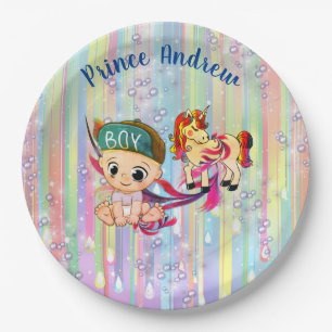 Baby Boy Regenbogen Bubbles & Unicorns Kinderdusch Pappteller