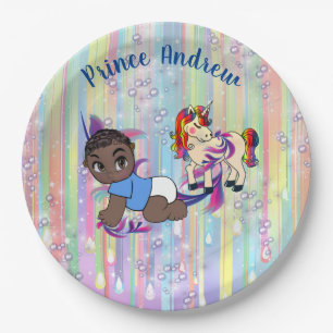 Baby Boy Regenbogen Bubbles & Unicorns Kinderdusch Pappteller