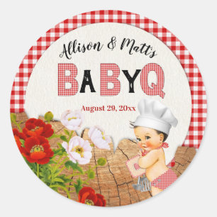 Baby Boy Rot Gingham Holz Floral Baby Q BBQ Runder Aufkleber