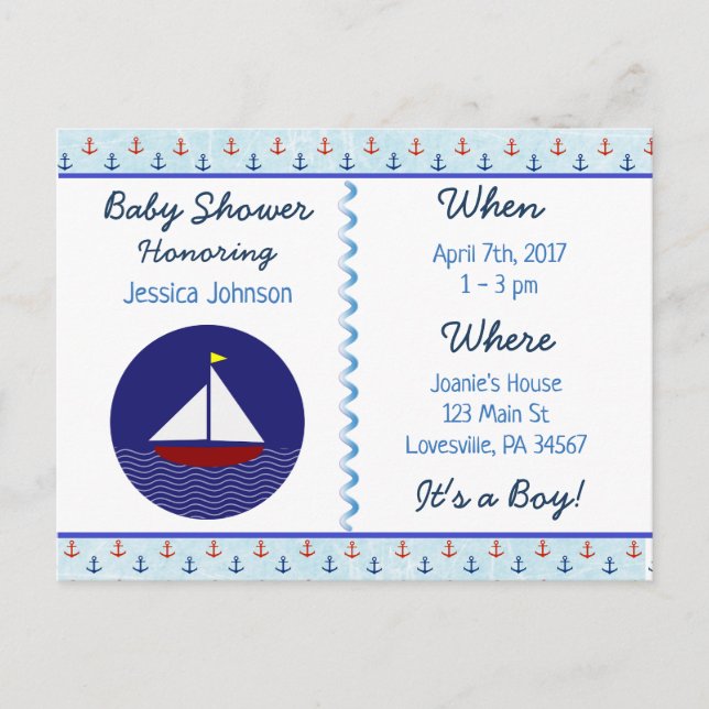 Baby Boy Sailboat Blue Baby Dusche Einladung (Vorderseite)