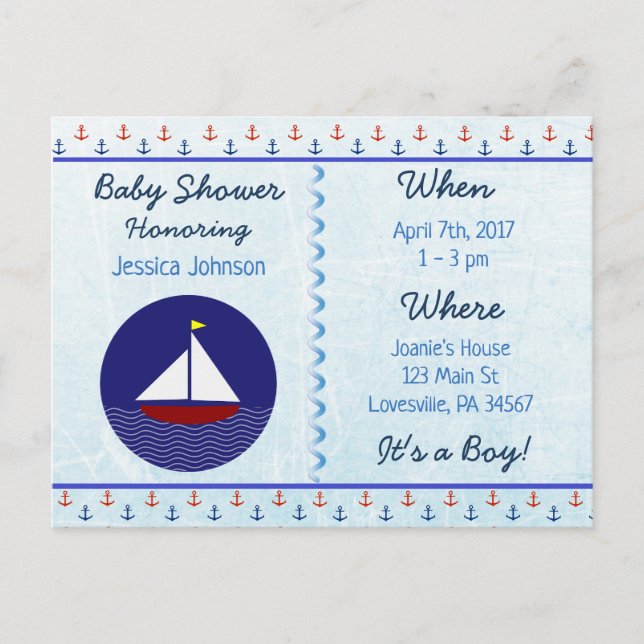 Baby Boy Sailboat Blue Baby Dusche Einladung (Vorderseite)