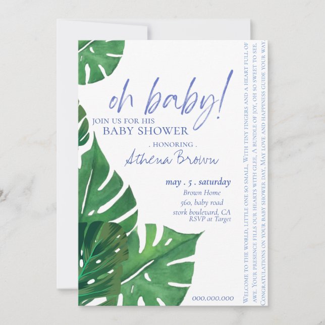Baby Boy, Script Quote Tropical Floral Baby Dusche Einladung (Vorderseite)