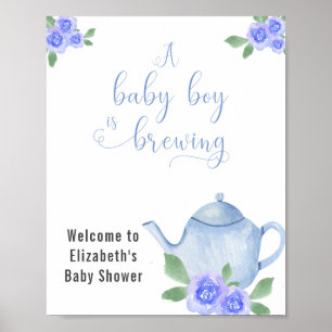 Baby Boy-Shower Blau Teekanne und Blumen Willkomme Poster
