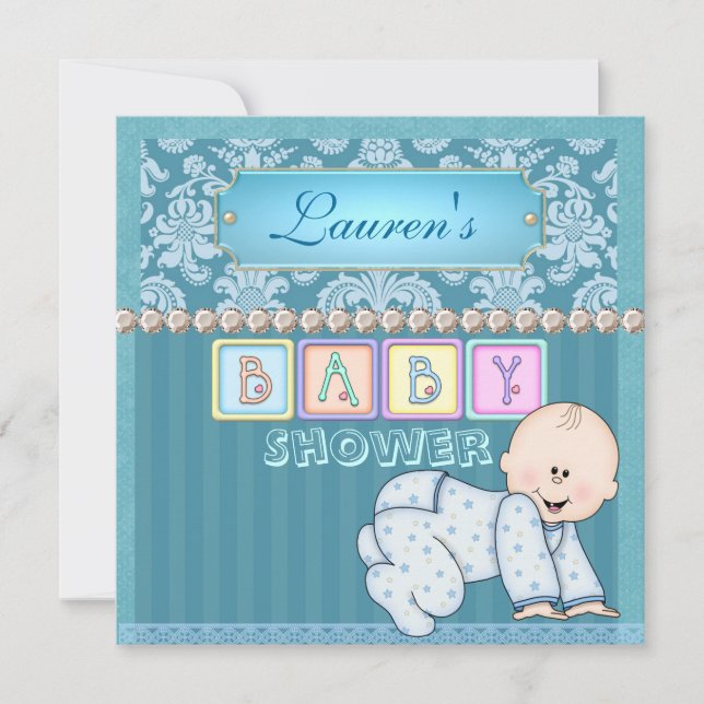 BABY BOY SHOWER Damask Einladung (Vorderseite)
