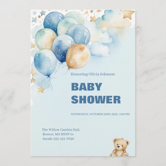 Baby Boy Shower Invitation | Blue Teddy Bear Einladung (Vorderseite)