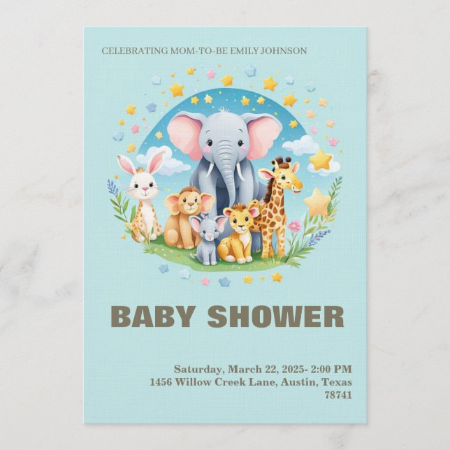 Baby Boy Shower Invitation Cartoon Animals Einladung (Vorderseite)