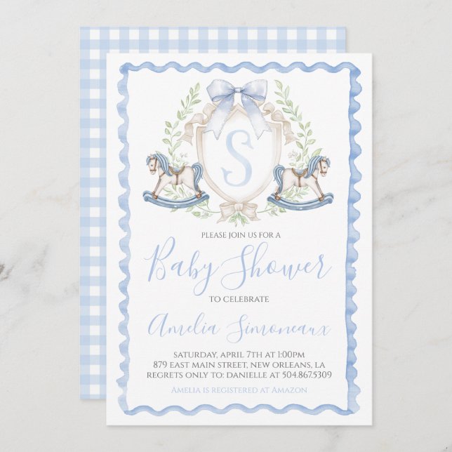 Baby Boy Shower Rocking Pferd Preppy Gingham Blue Einladung (Vorne/Hinten)
