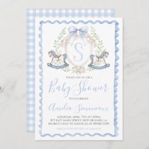Baby Boy Shower Rocking Pferd Preppy Gingham Blue Einladung