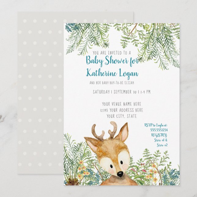 Baby Boy Shower Woodland Forest Deer Forest Gray Einladung (Vorne/Hinten)