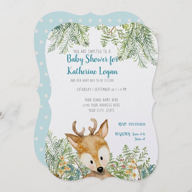Baby Boy Shower Woodland Tiere Hirschwald Ferns Einladung (Vorne/Hinten)