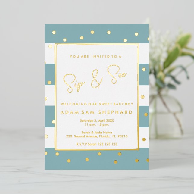 Baby Boy Sip and See Invitation - Elegante Dusche Folieneinladung (Stehend vorne)