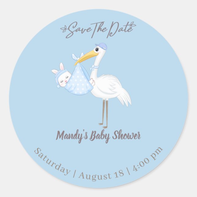 Baby Boy Stork Rabbit Save the Date Runder Aufkleber (Vorderseite)