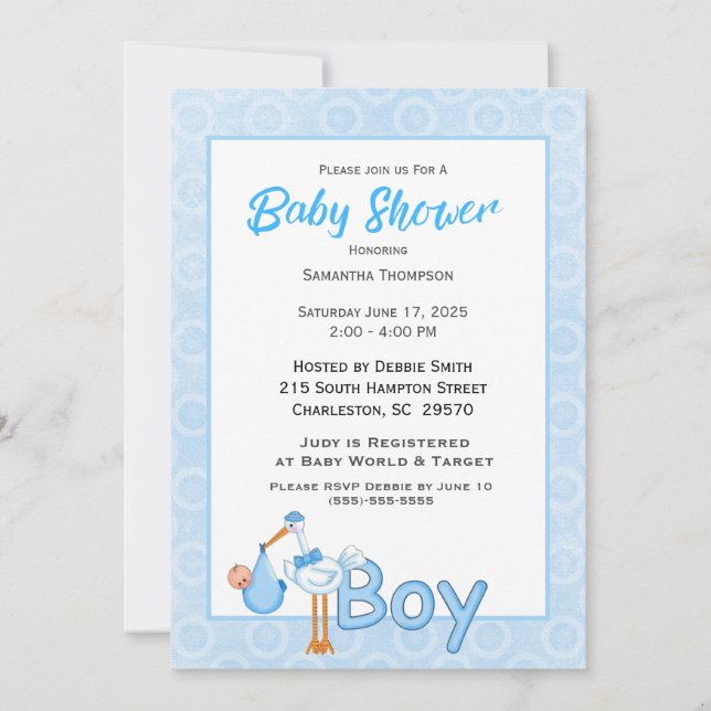 Baby Boy Stork Shower Einladung (Vorderseite)