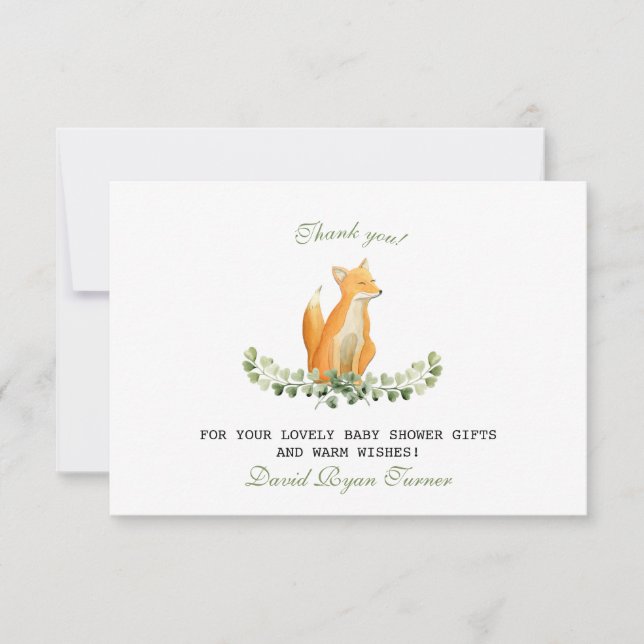 Baby Boy Sweet Fox Woodland Baby Dusche Vielen Dan Dankeskarte (Vorderseite)