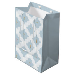 Baby Boy Taufe Blaues goldenes, weißes Muster Mittlere Geschenktüte