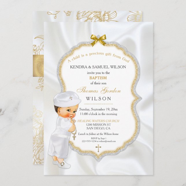 Baby Boy Taufe Christening Gold Cross Einladung (Vorne/Hinten)