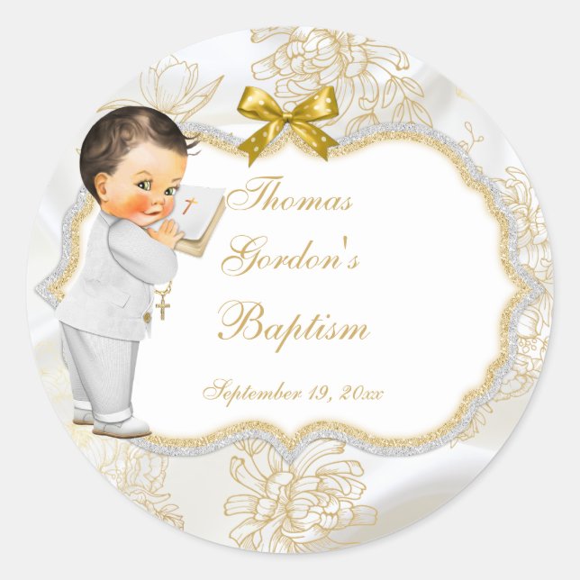 Baby Boy Taufe Christening Gold Cross Runder Aufkleber (Vorderseite)