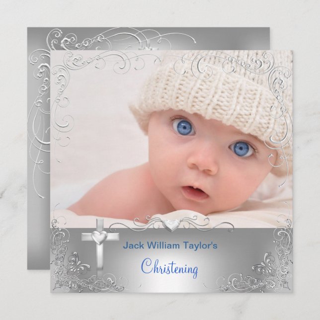 Baby Boy Taufe Christening Silver Cross Einladung (Vorne/Hinten)