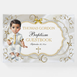 Baby Boy Taufe Christening White & Gold Cross Gästebuch