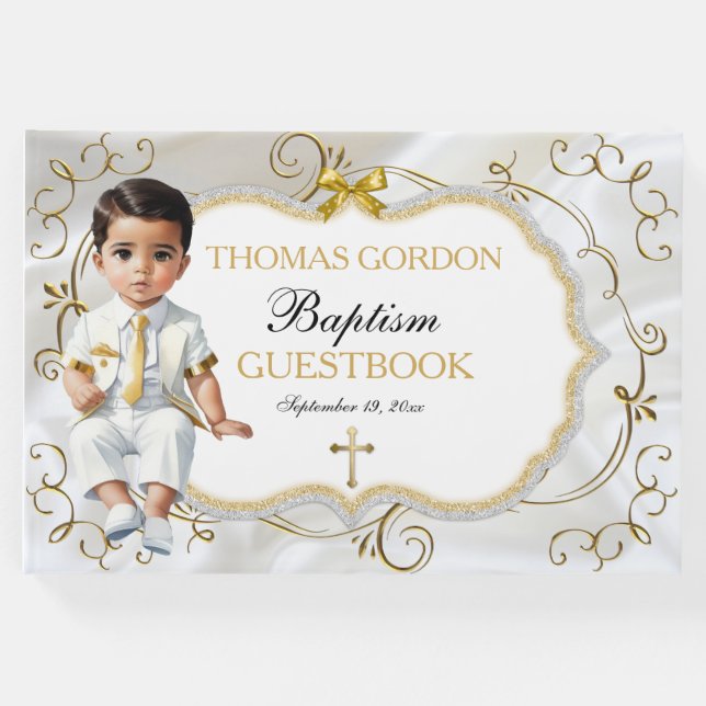 Baby Boy Taufe Christening White & Gold Cross Gästebuch (Vorderseite)