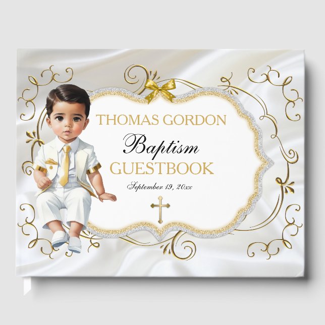 Baby Boy Taufe Christening White & Gold Cross Gästebuch (Vorderseite)