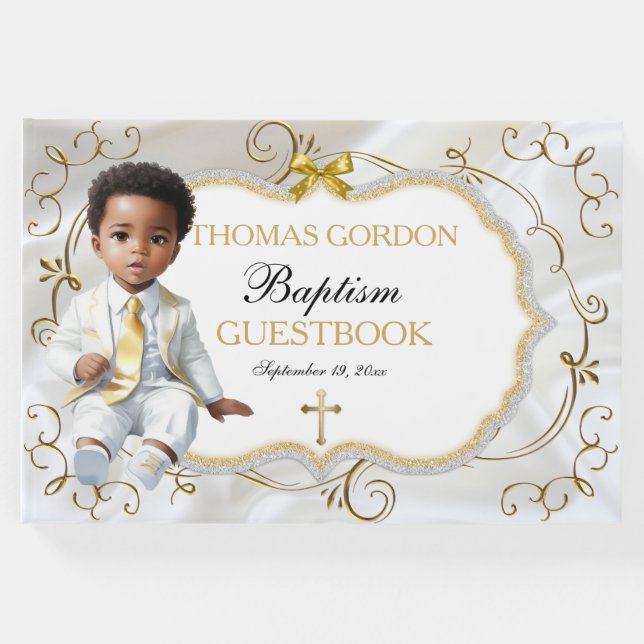 Baby Boy Taufe Christening White & Gold Cross Gästebuch (Vorderseite)