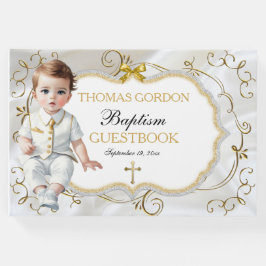 Baby Boy Taufe Christening White & Gold Cross Gästebuch