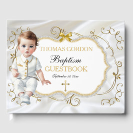 Baby Boy Taufe Christening White & Gold Cross Gästebuch