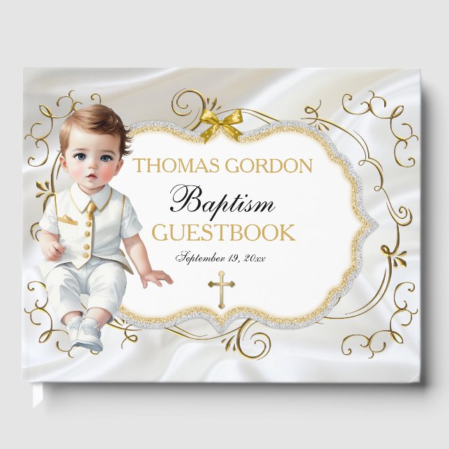 Baby Boy Taufe Christening White & Gold Cross Gästebuch (Vorderseite)