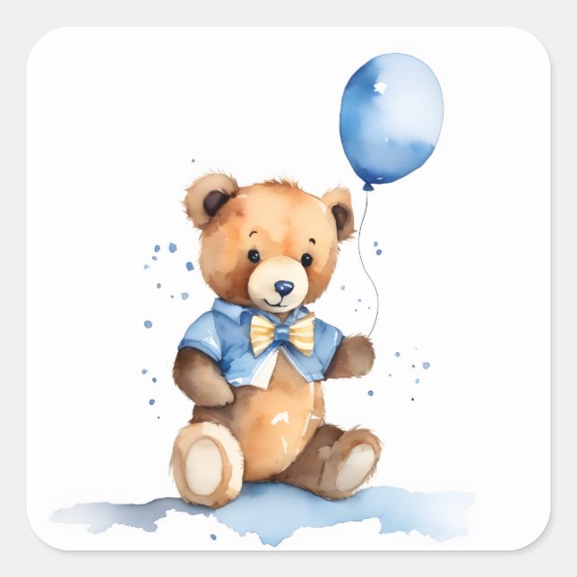 Baby Boy Teddy Bear With Blue Balloon Quadratischer Aufkleber (Vorderseite)