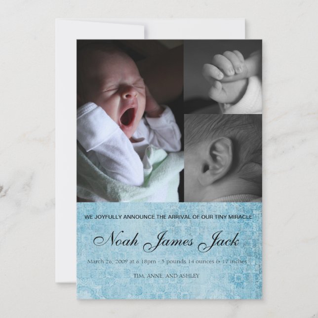 Baby Boy Trio Foto-Geburtsankündigung Ankündigung (Vorderseite)