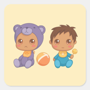 Baby Boy Twins Lila Bear Jumpsuit on Yellow Squins Quadratischer Aufkleber